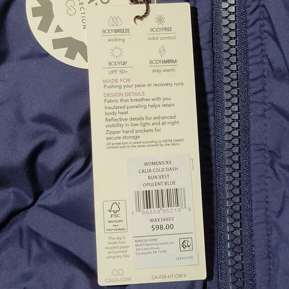 CALIA Cold Dash Run Vest Womens Size XS Blue Full Zip Quilted Jacket Zip Pockets - Picture 5 of 15